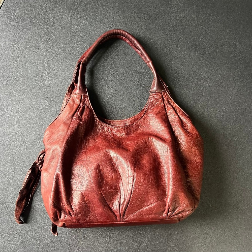 Brown Leather Hobo Shoulder Bag Pleated Slouchy Tote Boho Y2k Academia Retro - Picture 10 of 14